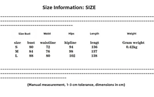 Detailed size chart showing bust, waist, and hip measurements for the bodycon maxi dress