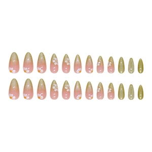 24pcs almond press-on nails with pink gold gradient and white floral daisy art design