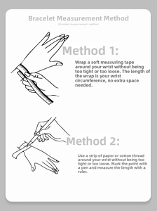 Size guide with line drawings showing how to measure wrist circumference for bracelets