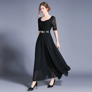 Elegant slim fit black lace and chiffon maxi dress with waist belt and wide skirt
