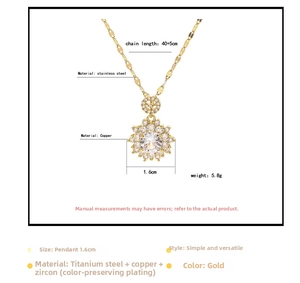 Detail of flower necklace with sparkling zircon centerpiece and gold-plated finish