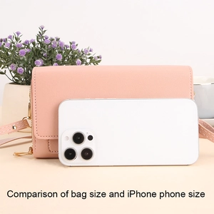 Pink PU leather crossbody phone bag size comparison with a white smartphone device