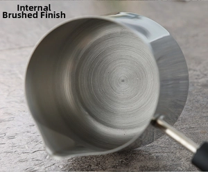 Close-up of the interior brushed stainless steel finish and precision pour spout on a pot