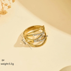 Golden geometric hollow stainless steel ring with rhinestones and measurement details