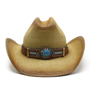 Western Cowboy Hat Paper Straw Wide Brim Fedora Sun Protection Ethnic Turquoise Bead Band Bohemian Vintage Travel
