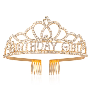 Detail of golden Birthday Girl crown with sparkling rhinestones and integrated hair combs