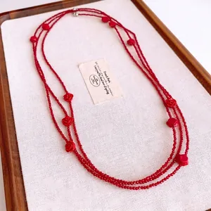 Long Red Beaded Necklace With Resin Rose Flower Pendants Multi Layer Glass Bead Retro Jewelry For Women