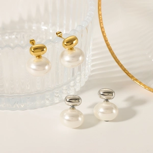 Elegant geometric pearl and gold bean stud earrings in stainless steel for women