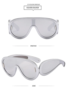 Front and side macro views of futuristic Y2K oversized silver wraparound sunglasses