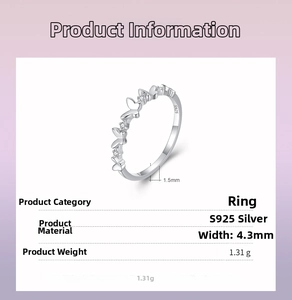 Detail showing S925 silver butterfly ring dimensions 4.3mm width and 1.31g weight
