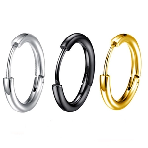 Three-pack of polished 18K stainless steel round hoop earrings in silver, black, and gold colors