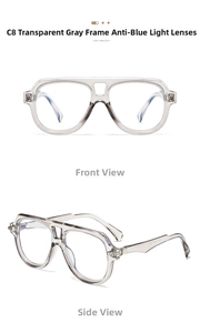 Detail view of transparent grey pilot frames featuring double bridge and anti-blue light lens