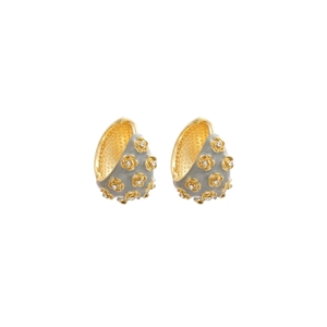 French vintage C-shaped gold earrings with grey enamel floral design and inlaid diamonds