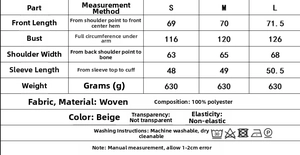 Detailed size guide table with measurements for women's V-neck long sleeve loose jacket