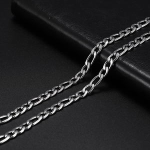 Detail shot of silver stainless steel Figaro chain necklace with polished metal link texture