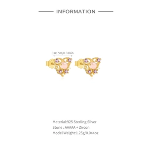 Detail of S925 silver gold-plated heart studs with pink opal and purple zircons