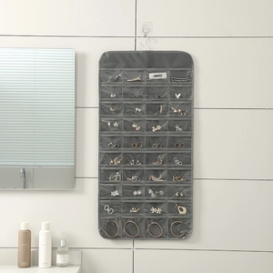 Double-sided grey 80-pocket hanging jewelry organizer for necklaces and earrings