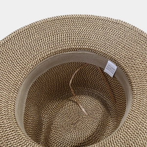 Detailed top view of retro British style straw sun hat with adjustable inner strap
