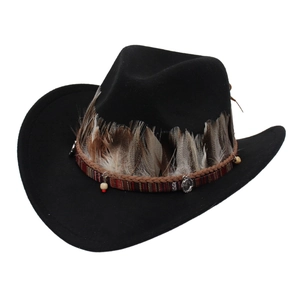 Ethnic black western cowboy hat with feathers and tribal bead ornaments on white background