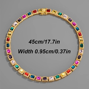 Golden 10mm Cuban chain necklace with multicolor zircon stones and size specifications