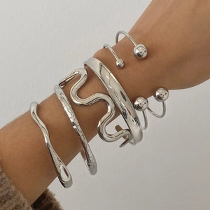 Stainless Steel Open Bracelet Irregular Wave Texture Beaded End Cuff Bangle Minimalist Hypoallergenic Jewelry For Women