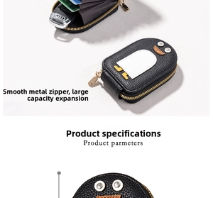 Detail of penguin leather card holder with smooth metal zipper and large capacity storage