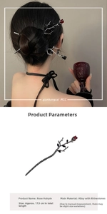 Detailed view of Gothic rose hair sticks with rhinestones on an elegant hairstyle