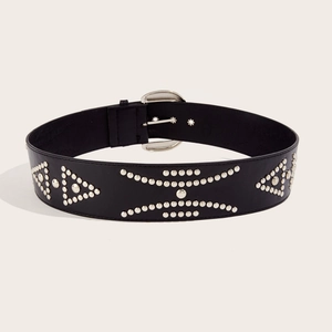 Retro street fashion black PU leather belt with silver studs and metal ring buckle