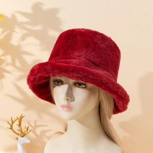 Thick plush wine red faux fur bucket hat for women with a warm minimalist winter design