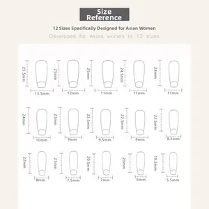 Size chart showing 15 different dimensions for almond-shaped press-on nail pieces
