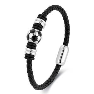Men's double-layered black woven leather football bracelet with magnetic steel clasp