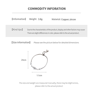 Detailed size specifications for adjustable zircon heart bow bracelet in copper material