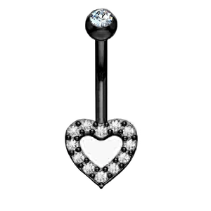 Black plated heart belly ring with sparkling white zircon stones on a white background