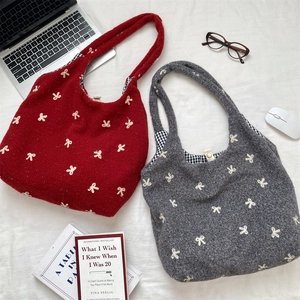 Bowtie embroidered canvas tote bag in burgundy and grey with checkered lining for daily use