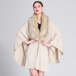 Women Artificial Cashmere Knit Cape Shawl With Artificial Fox Fur Collar Mid-Length Winter Cardigan Plus Size Cloak Jacket