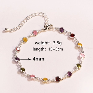 Detail view of colorful zircon bracelet with silver chain and 15+5cm length specifications