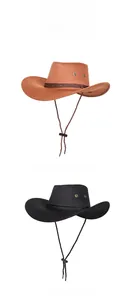 Vue détaillée de chapeaux de cowboy en marron et noir avec des bandes tressées