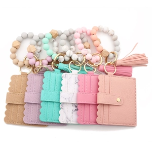 Silicone bead keychain bracelet set with PU leather tassel wallet in multiple colors