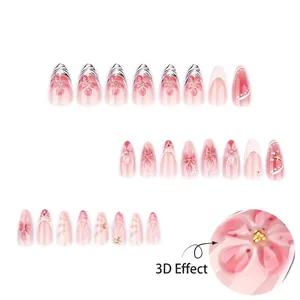 3D embossed floral press-on nails with almond shape and stylish zebra patterns