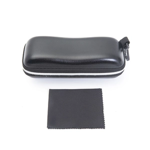 Black PU leather zipper glasses case with portable hook and matching cleaning cloth