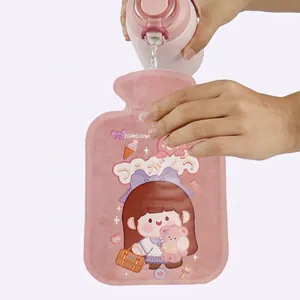 Pink plush cartoon hot water bottle being filled, featuring cute girl and bear graphics