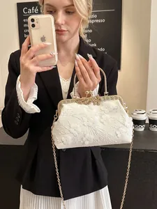 Elegant white lace shell bag with 3D floral pearls, sequins and gold chain strap