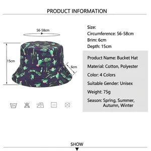 Chapeau bob bleu marine avec motif cactus incluant les dimensions et protection solaire