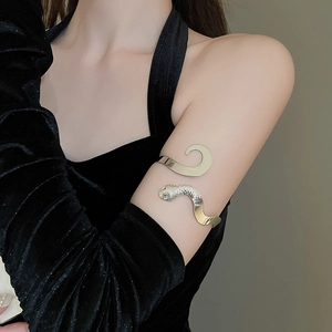 Gros plan d'un bracelet serpent argenté avec écailles détaillées sur le haut du bras