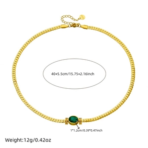 Golden stainless steel snake chain necklace with emerald green oval pendant and diamonds