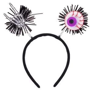 Detail of Halloween headband with spring-loaded skull hand and bloodshot eyeball decor
