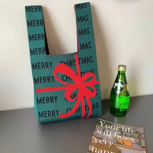 Sac fourre-tout de Noël en tricot vert avec nœud rouge et texte Merry Christmas