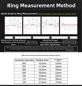 Size guide with measurement steps and diameter chart for stainless steel cross ring