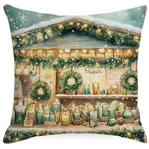 Detail of Christmas market watercolor painting with candles on green linen pillow cover