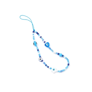 Detail of blue evil eye beaded phone strap with acrylic heart charm and braided cord